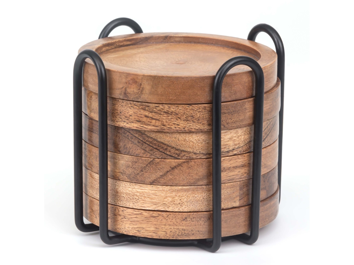 Relaxdays Posavasos 6 Unidades, Ø 10 Cm, Madera De Acacia, Para Vasos, Con Soporte, Borde Elevado, Natural/negro