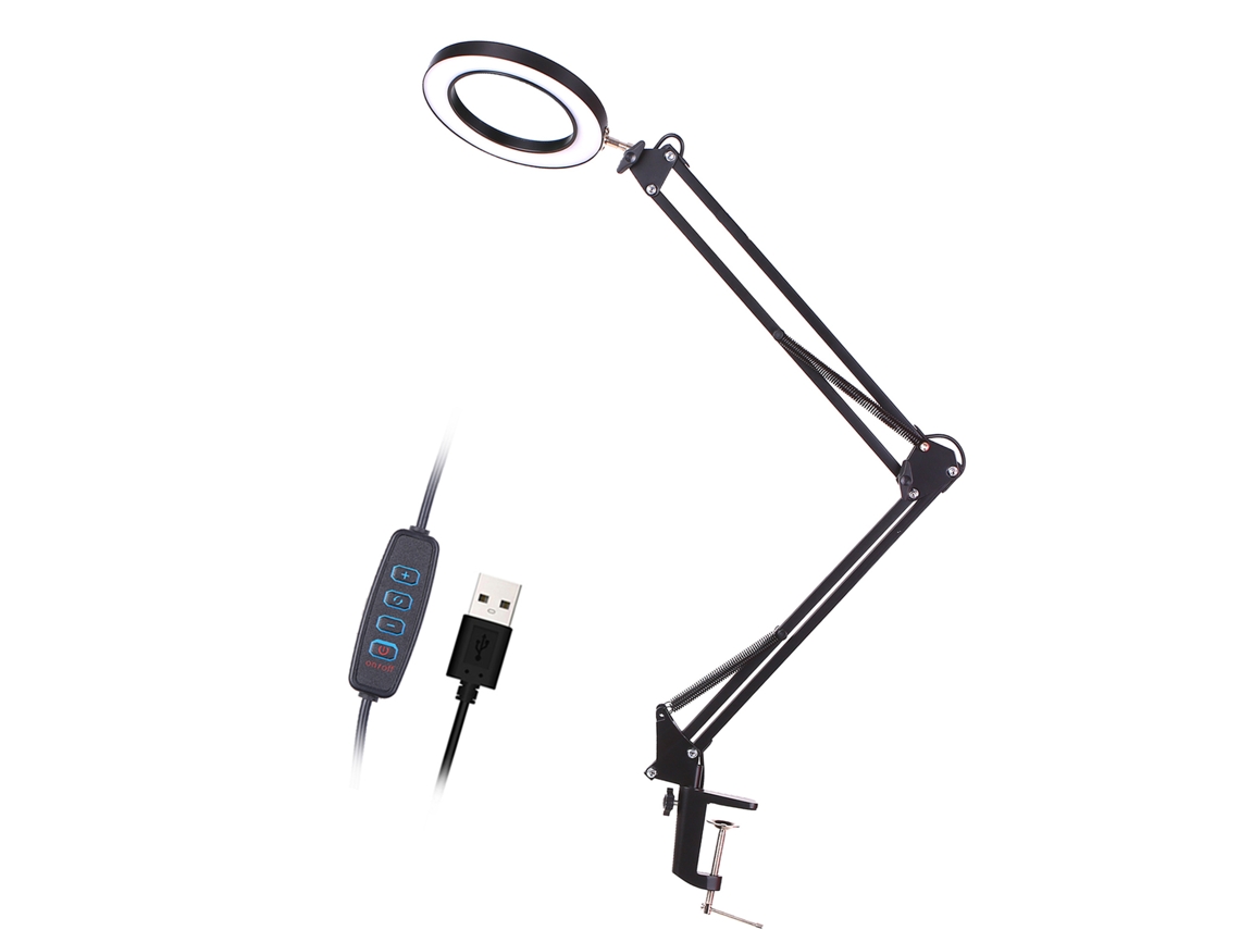 Lámpara De Mesa Con Lupa Led Ajustable 5x, Alimentación Usb, 3 Modos De Atenuación, Manos Libres.