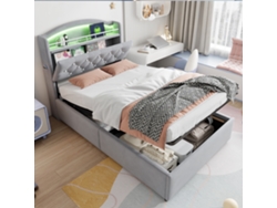 Cama Infantil De Terciopelo Gris De 90x200 Cm, Con Led, Usb Y Espacio De Almacenamiento, Estilo Moderno.