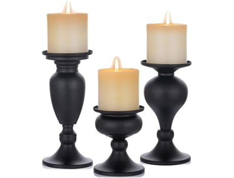 Juego de 3 portavelas de pilar metálico para centros de mesa de velas, decoración de chimenea, diseño en forma de calabaza, color negro