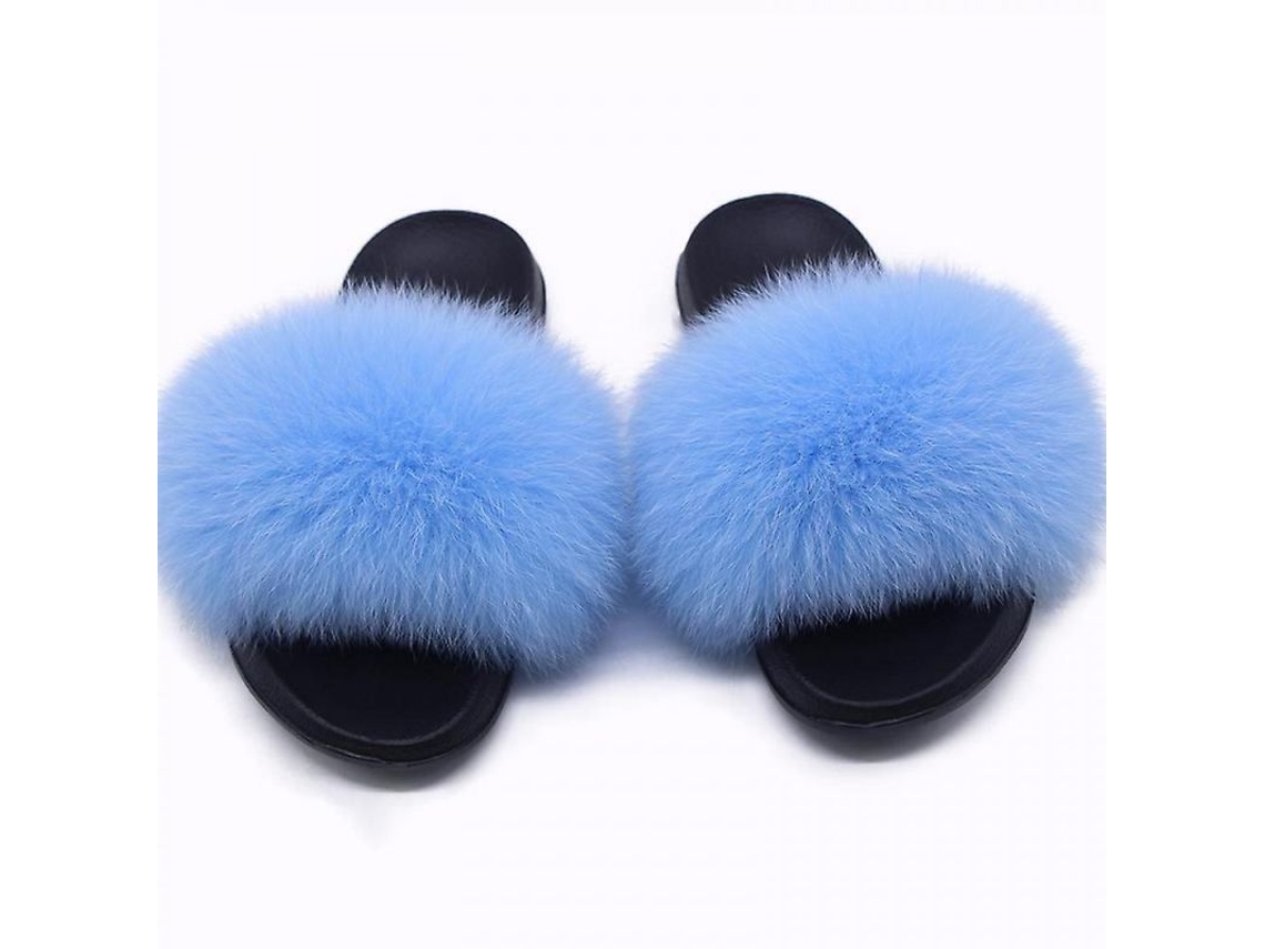 2026-chanclas De Piel De Zorro Para Mujer - Chanclas De Pelo Suaves Abiertas Para Interior Y Exterior 44-45 Azul Claro