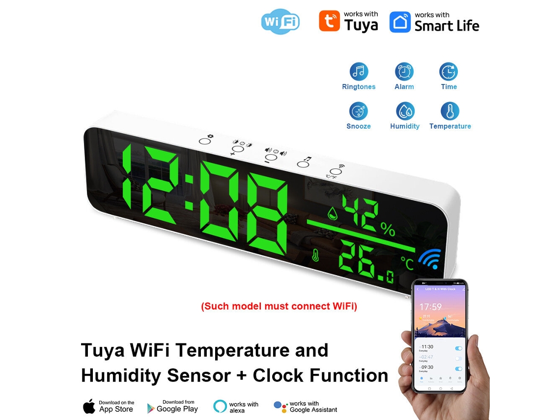 Sensor de temperatura y humedad Tuya Wifi compatible con despertador, reloj de mesa USB con control por aplicación y Alexa Google Home para decoración.