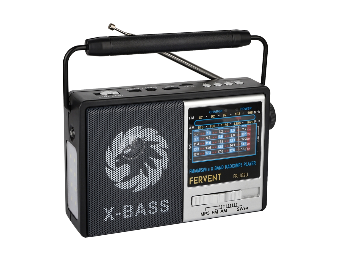 Radio portátil retro AM/FM con transmisor y receptor integrados y baterías recargables.