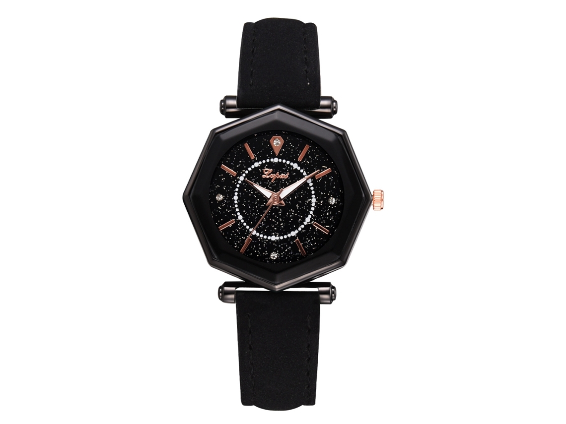 Reloj De Pulsera De Cuarzo Para Mujer Con Esfera Geométrica Y Diamantes De Imitación, Correa De Piel Sintética Negra.