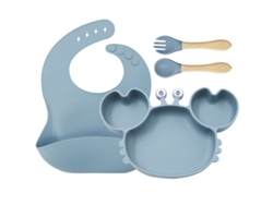 4 Conjuntos De Talheres De Silicone Azul-claro Para Bebê: Pratos, Aventais E Talheres Com Estampa De Caranguejo, Sem Adesivos.