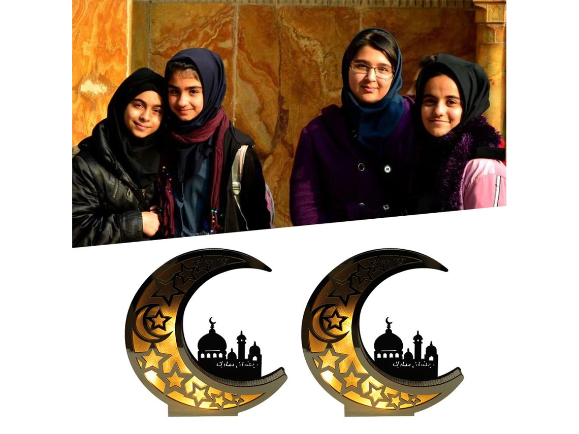 Decoración De Ramadán Eid Mubarak Lámpara De Luna Dorada Agujero De Madera Luces Led