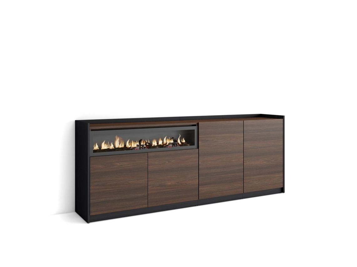 Aparador de comedor, 207x37x80cm, 4 puertas, chimenea eléctrica, roble oscuro y negro.