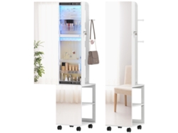Espejo joyero con iluminación LED, vitrina giratoria de 360°, cerradura con llave, blanco y beige.