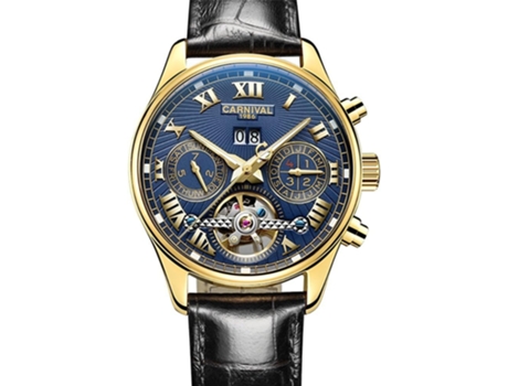 VEANXIN Relojes de pulsera de cuero con diseño hueco y esqueleto automático-negro oro azul