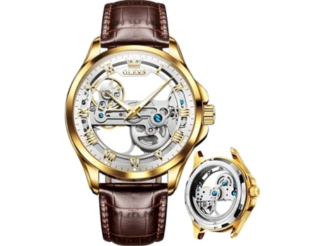 VEANXIN Reloj mecánico automático de oro rosa hueco impermeable para hombre(Cafe Blanco)