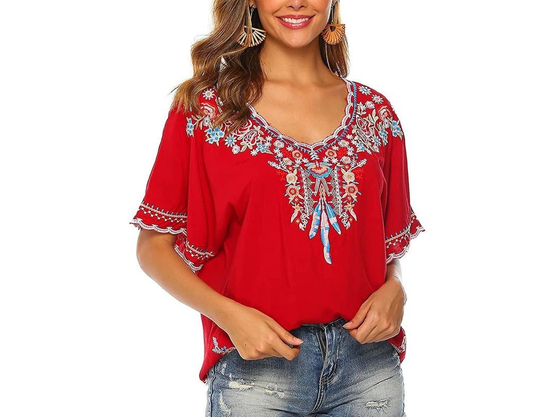 2026-blusa Étnica De Manga Corta Para Mujer Con Bordado De Plumas Y Flores Estilo Boho
