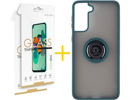 Carcasa y 2 Protectores de Pantalla de Vidrio Samsung S21 Plus SKYHE Gel Bumper Ring Verde