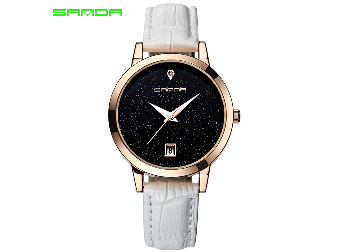 Reloj De Moda Para Mujer Con Correa De Cuero Dorado Y Lujosa Esfera Blanca Con Estrellas.