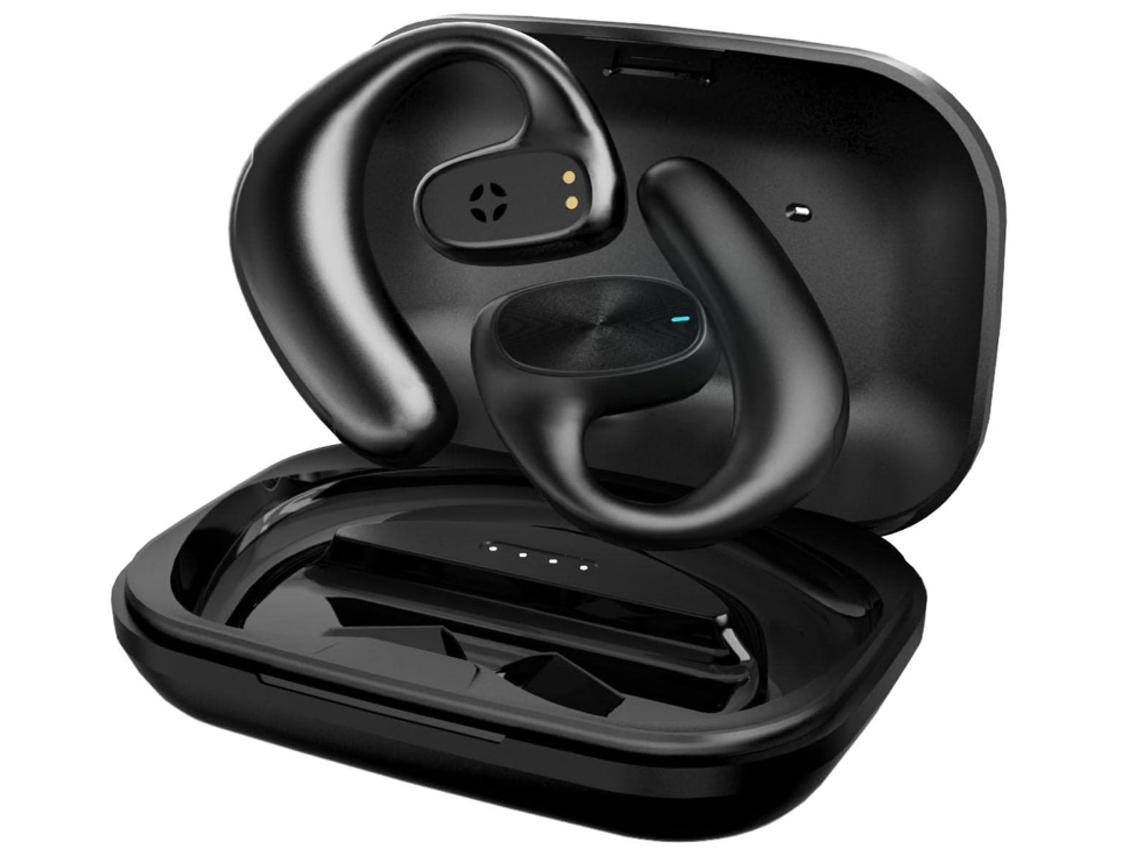 Auriculares inalámbricos con cancelación de ruido y micrófono para deportes, entrenamiento, gimnasio, running, con gancho para la oreja y estuche.