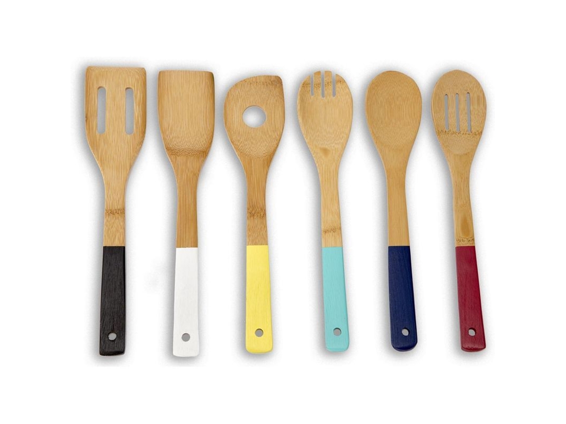 2026-41358-set De Utensilios De Cocina De Bambú Con Mangos De Color, 6 Piezas