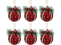 Juego de 6 bolas navideñas a cuadros en tela negra y roja con piñas y follaje, ergonómicas, para uso diario STELASPLEN