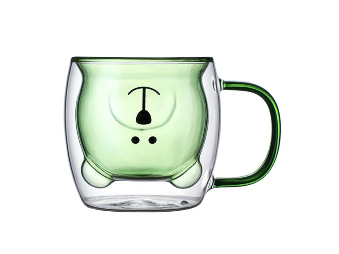 Vaso doble de cristal con asa y diseño de oso verde