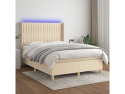 Cama Box Spring Colchón Y Luces Led Tela Crema 140x200 Cm