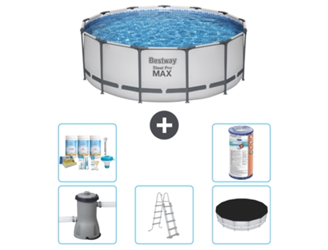 Piscina BESTWAY Round Steel Pro MAX - 396 x 122 cm - Gris - Bomba incluida - Escalera - Cobertor Paquete de mantenimiento - Filtrar