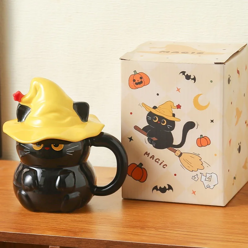 Caneca De Cerâmica Personalizada Com Tampa, Em Formato De Gato Fantasma Com Chapéu Mágico Criativo (preta, 500ml)