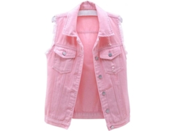 Colete jeans cropped feminino 2026 com mangas, botões e bolsos, estilo casual para verão, primavera e outono, tamanho GG (rosa).