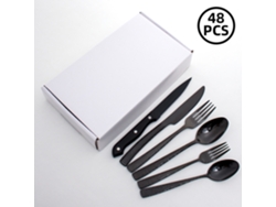 Juego de cubiertos MDUG de acero inoxidable martillado con mango cuadrado negro (48 piezas)