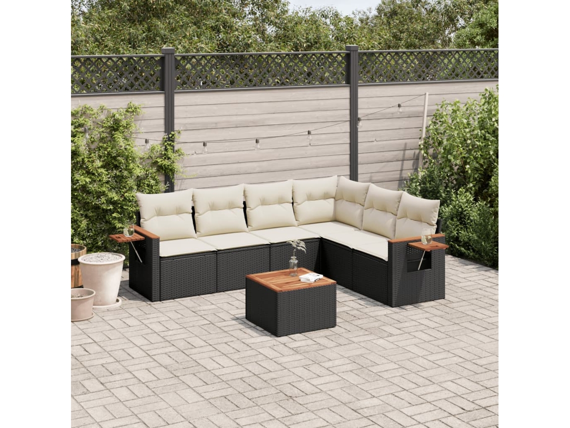 Conjunto de sofá de jardín de 7 piezas con cojines, ratán negro, Dkd Home Decor