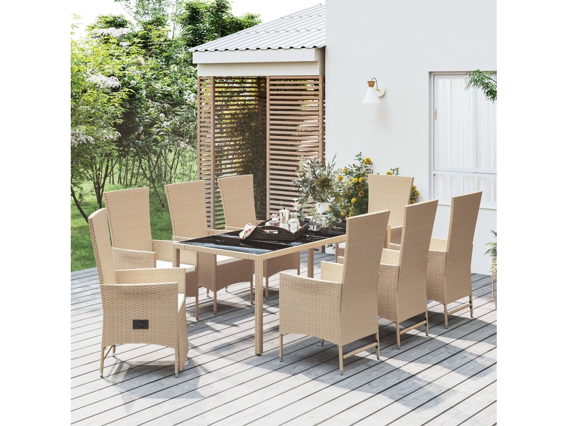 Juego de comedor de jardín de 9 piezas con cojines, mimbre sintético beige, DKD Home Decor