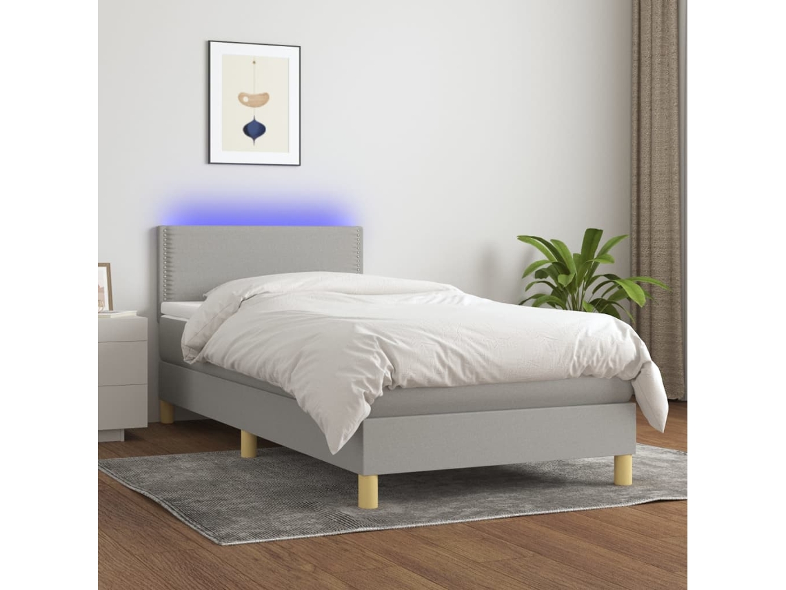 Cama Box Spring Colchón Y Luces Led Tela Gris Claro 90x200 Cm