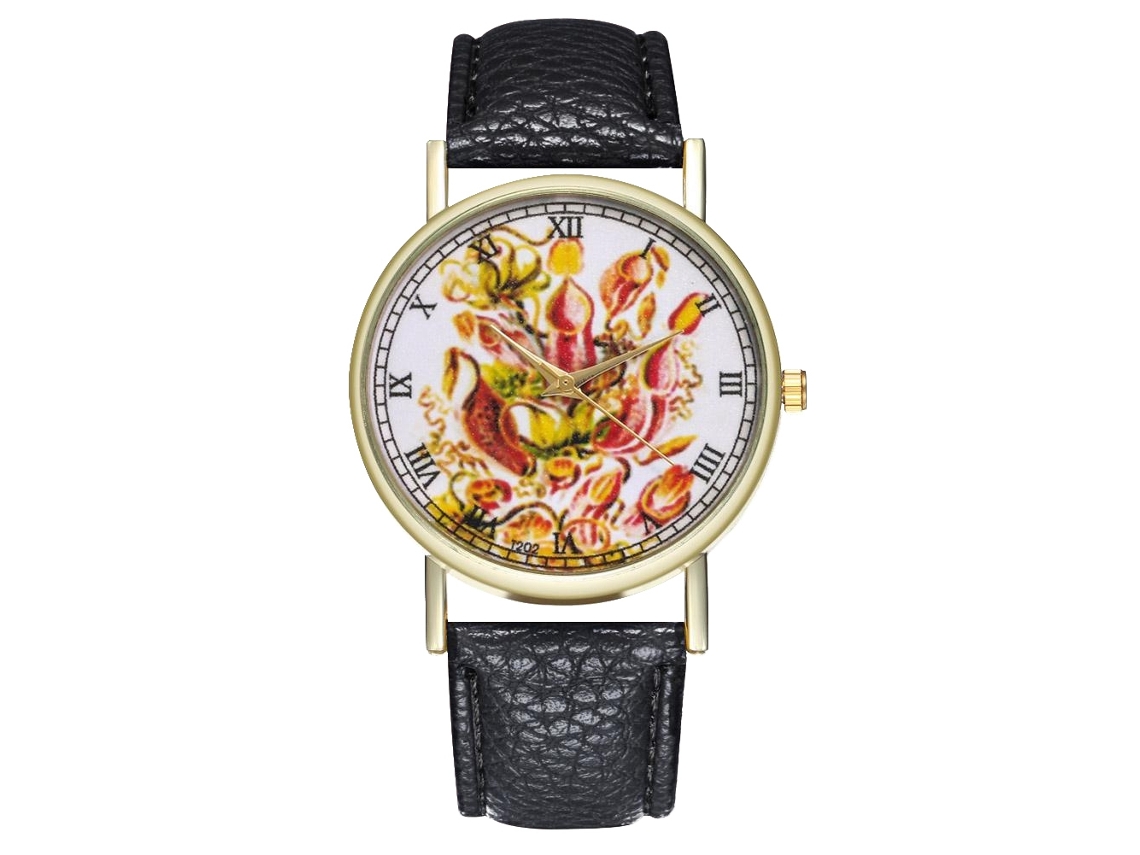 Reloj De Pulsera Unisex Zhoulianfa Con Correa De Pu, Estampado Vegetal, Esfera Redonda Y Movimiento De Cuarzo Negro.