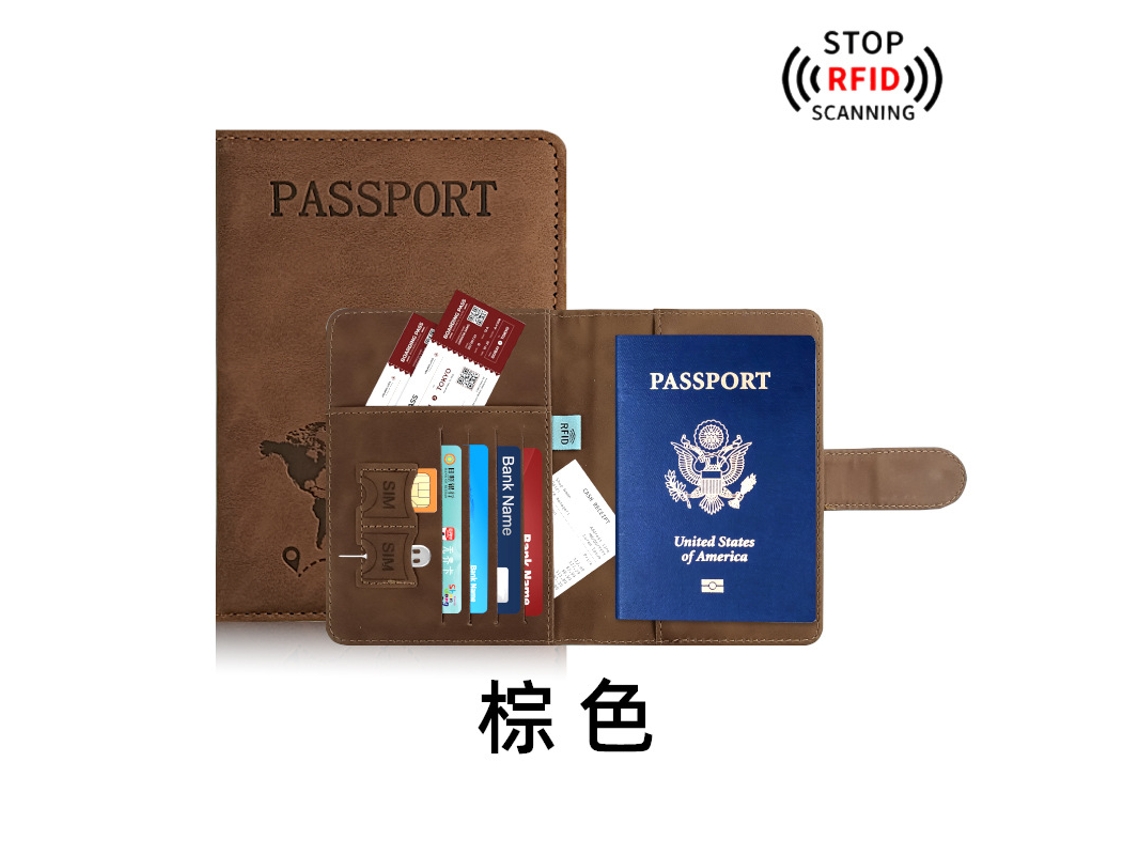 Portapasaportes con compartimento para tarjetas y billetes, protección RFID, en piel. Marrón Hexinyigjly