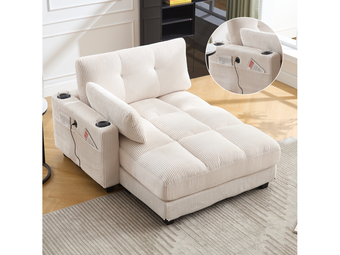 Sillón Palm Striped Con Ruedas, Reposacabezas Y 3 Portavasos, Color Beige.