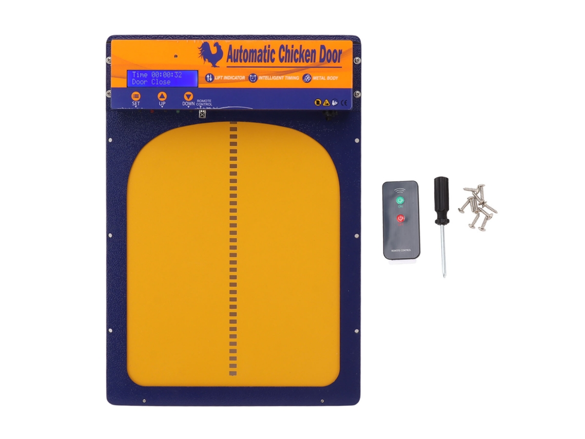 Puerta automática para gallinero IP45, impermeable, programable, de aluminio, con sensor de luz, temporizador y control remoto.