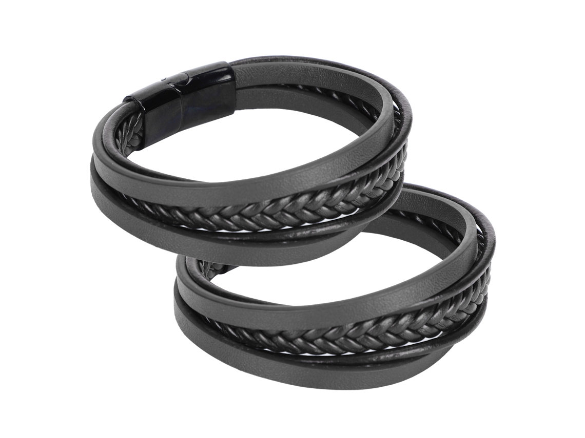 Conjunto De 2 Pulseras Vintage Con Cierre Magnético, Tejidas A Mano, De Piel Sintética Negra, 20,5 Cm.