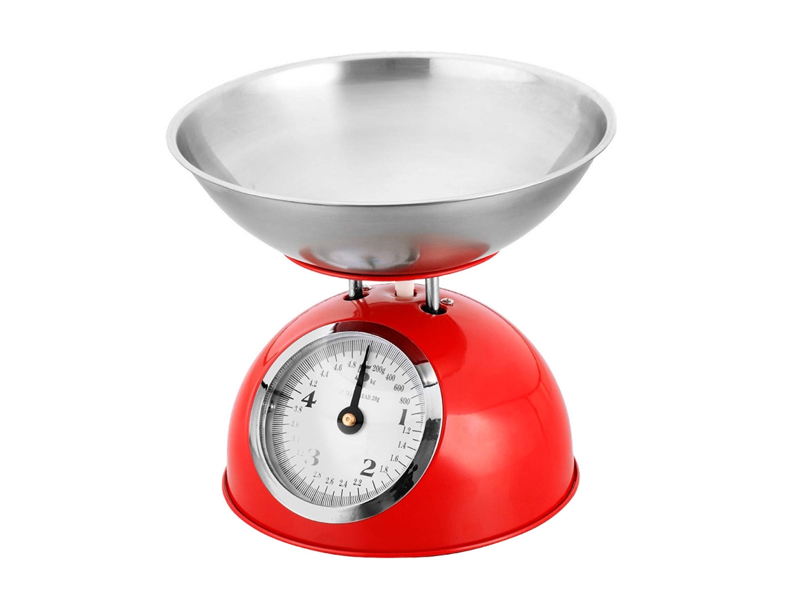 Báscula De Cocina Retro Klack Analógica 5kg Con Bol De Acero Inoxidable Estilo Vintage - Rojo