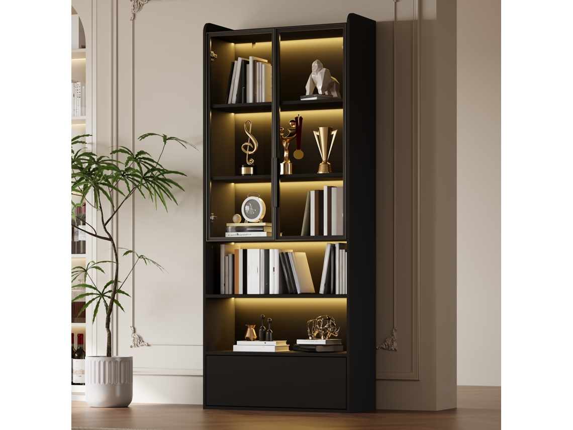 Vitrina alta de 180 cm, negra, con LED, 1 cajón, puertas de cristal y separador abierto para salón, ZACHARY