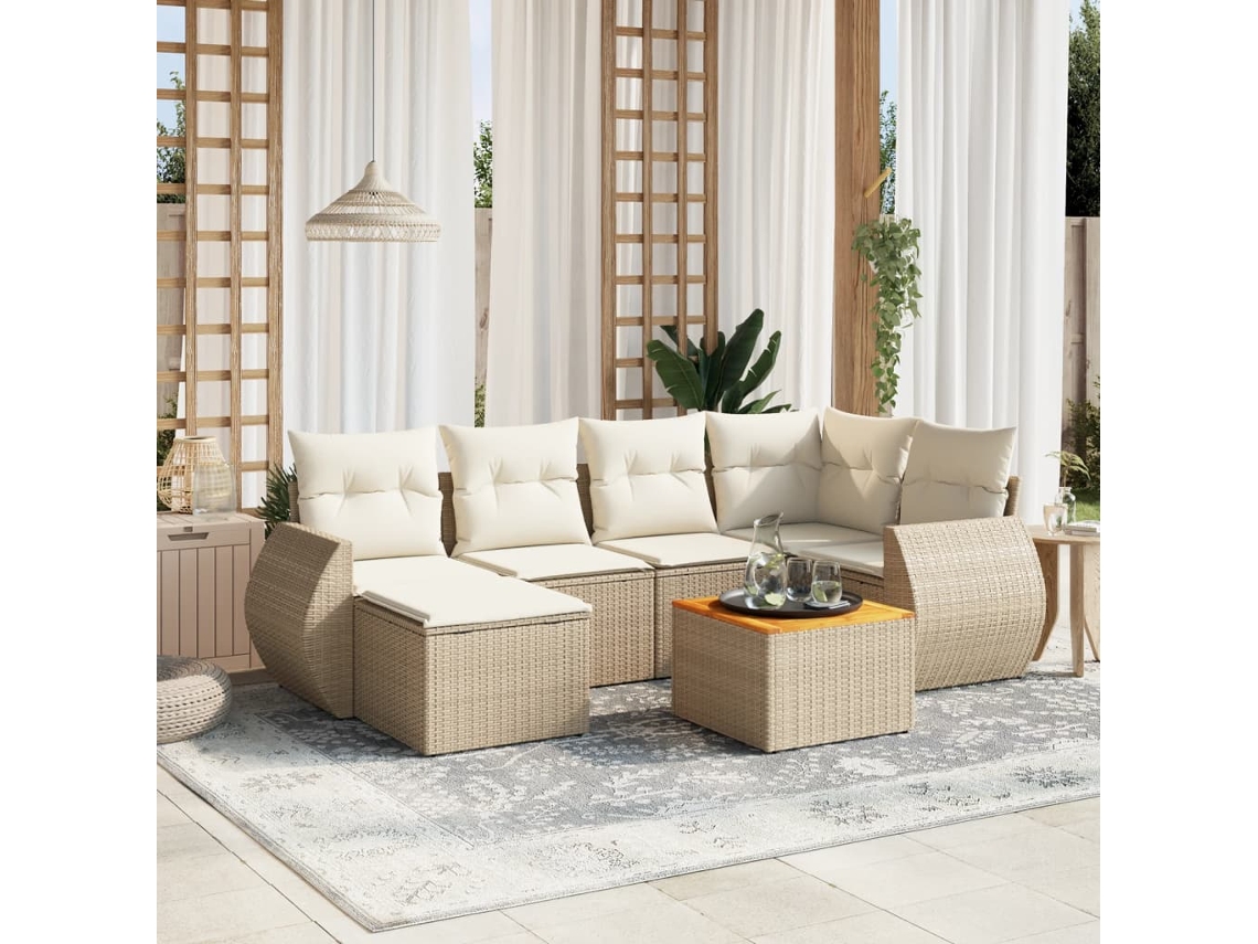 Conjunto de sofá de jardín de 7 piezas con cojines, mimbre sintético beige, Dkd Home Decor
