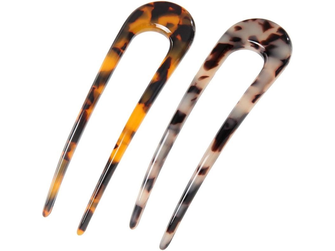 2 Horquillas En Forma De U De Acetato Satinado, Estilo Francés Con Estampado De Carey.