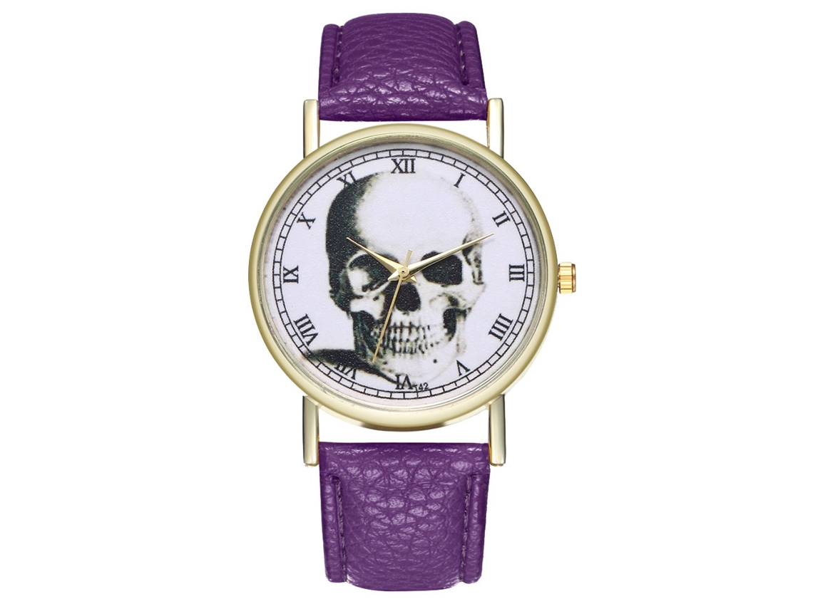 Reloj De Pulsera Informal Con Estampado De Calavera, Números Romanos Y Correa De Piel Sintética Morada.