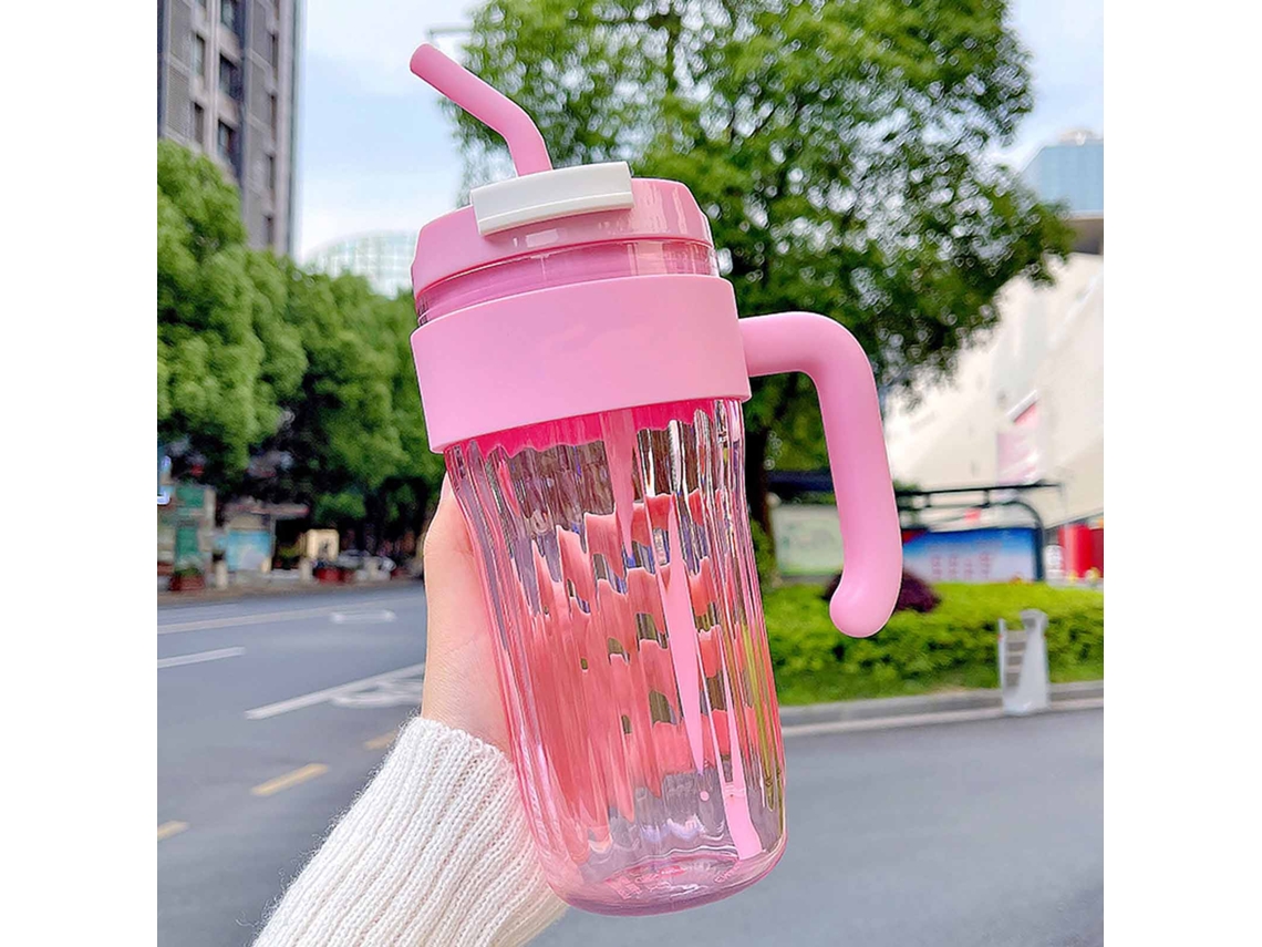 Botella de agua portátil con pajita, rosa, 920 ml, a prueba de fugas.
