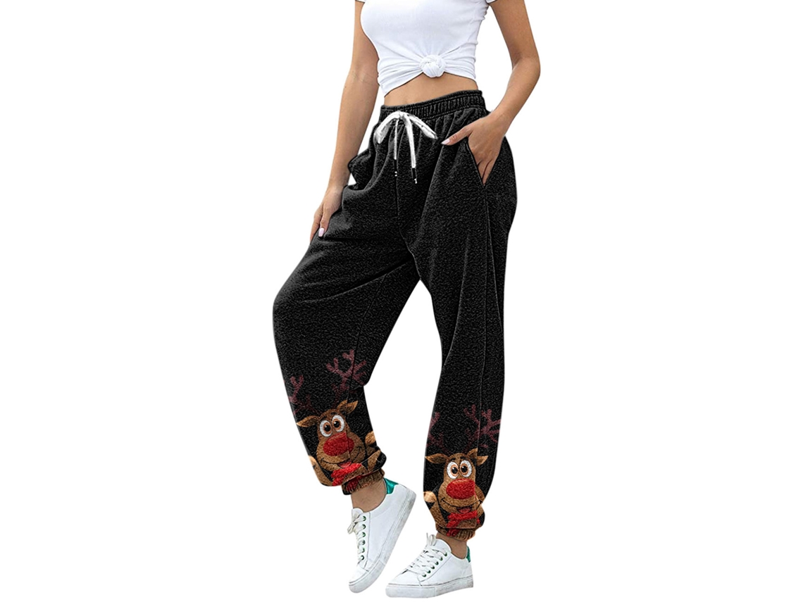 Kkpm-pantalones Deportivos De Invierno Con Estilo Navideño Alto Talle Suaves Y Cómodos Para Mujer Negro Talla L
