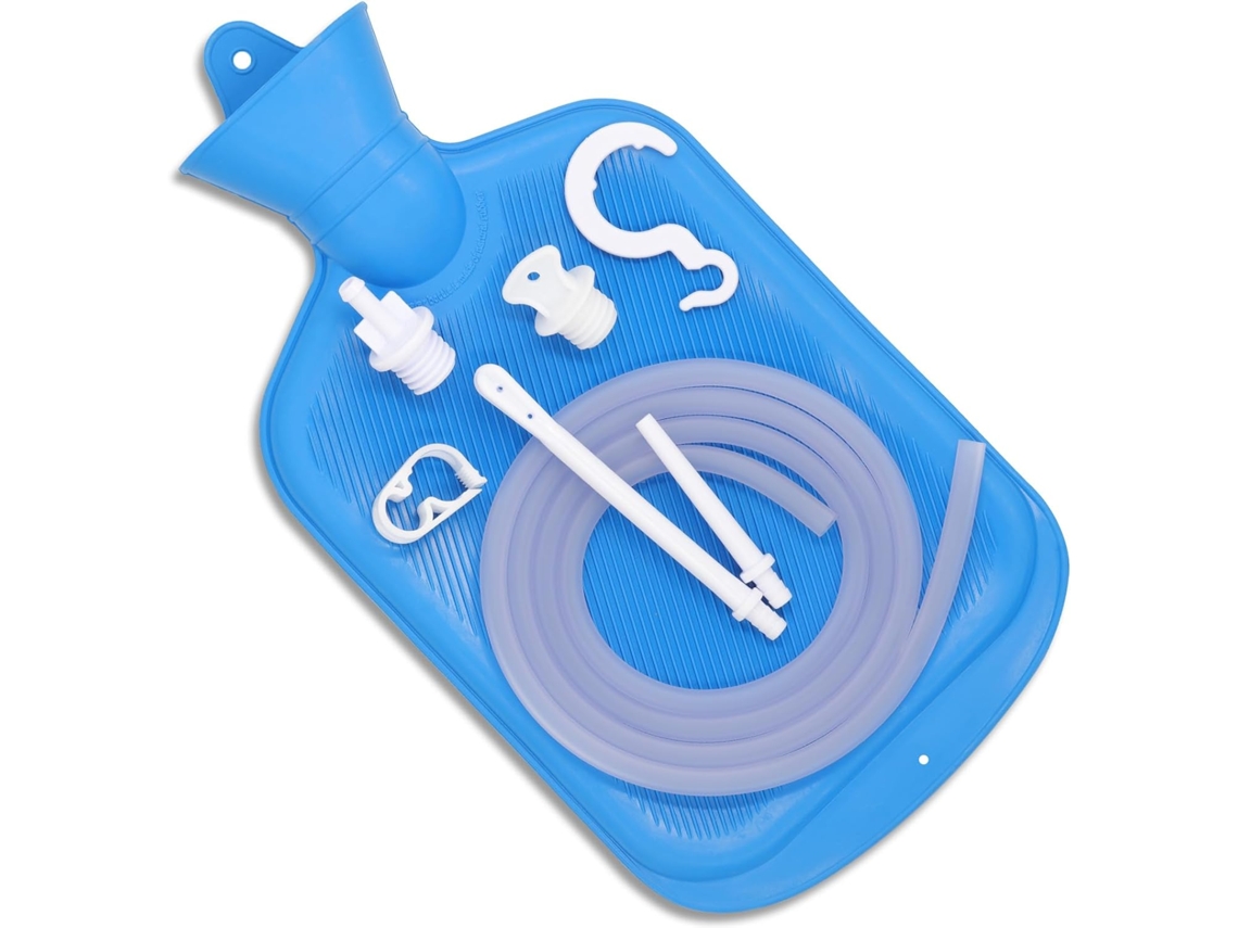 Bolsa de enema con tubo, punta, clip y gancho, con manguera de 1,5 m (2 litros)