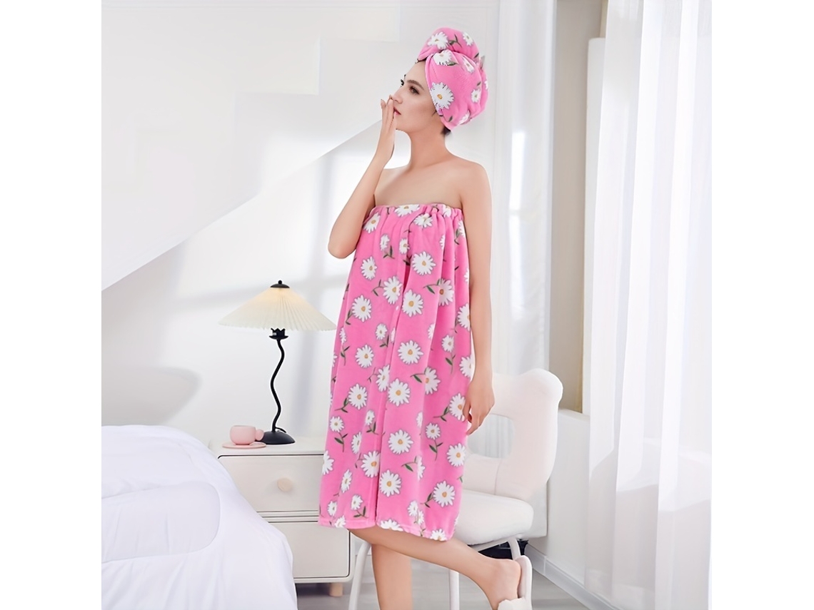 Conjunto: Albornoz Estampado + Secador De Pelo, Toalla De Forro Polar Coral Para Después Del Baño.