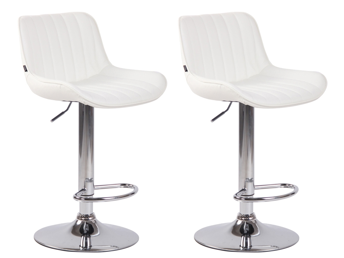 Juego de 2 taburetes altos de bar en PVC blanco con costuras verticales y estructura metálica cromada 10_0004277