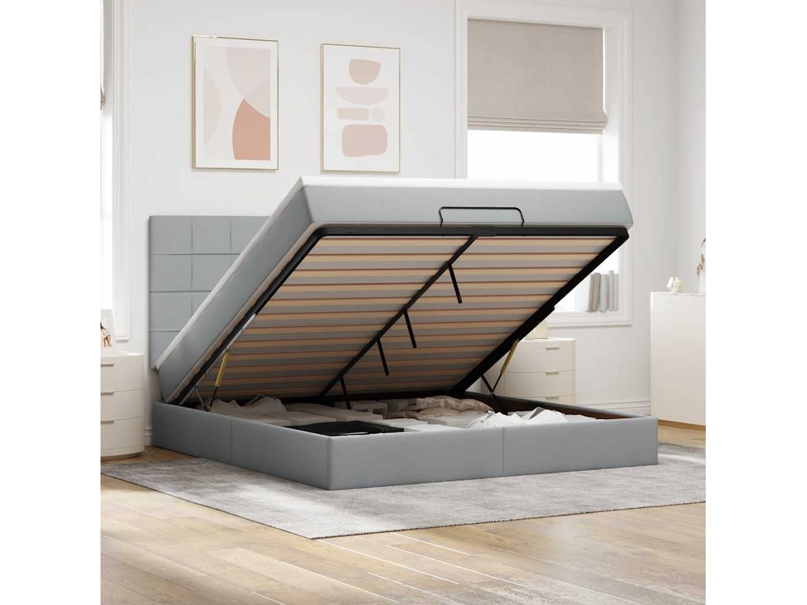 Estructura De Cama Otomana Colchón Tela Gris Claro 180x200cm