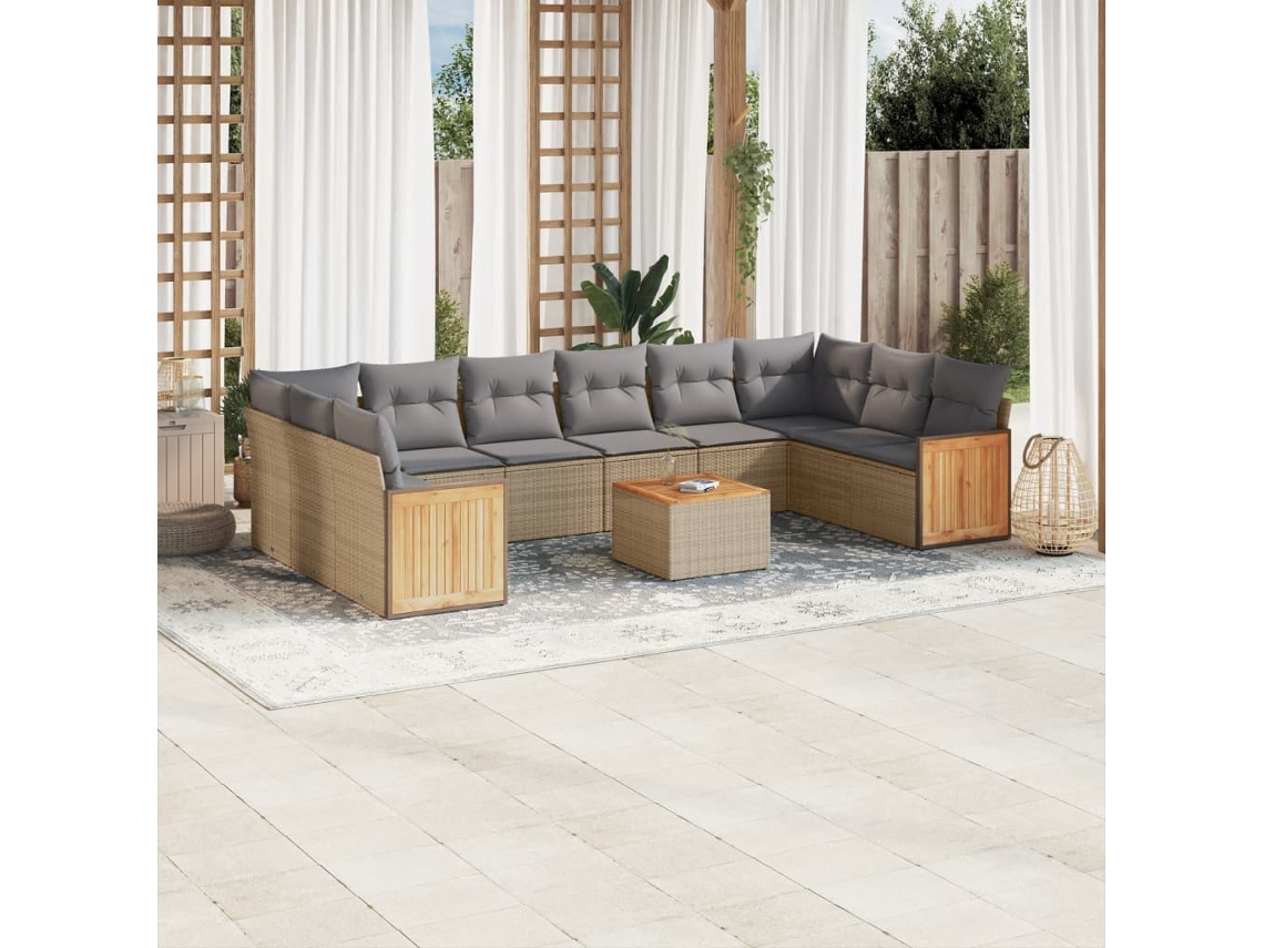 Conjunto de sofá de jardín de 11 piezas con cojines, mimbre sintético beige, DKD Home Decor
