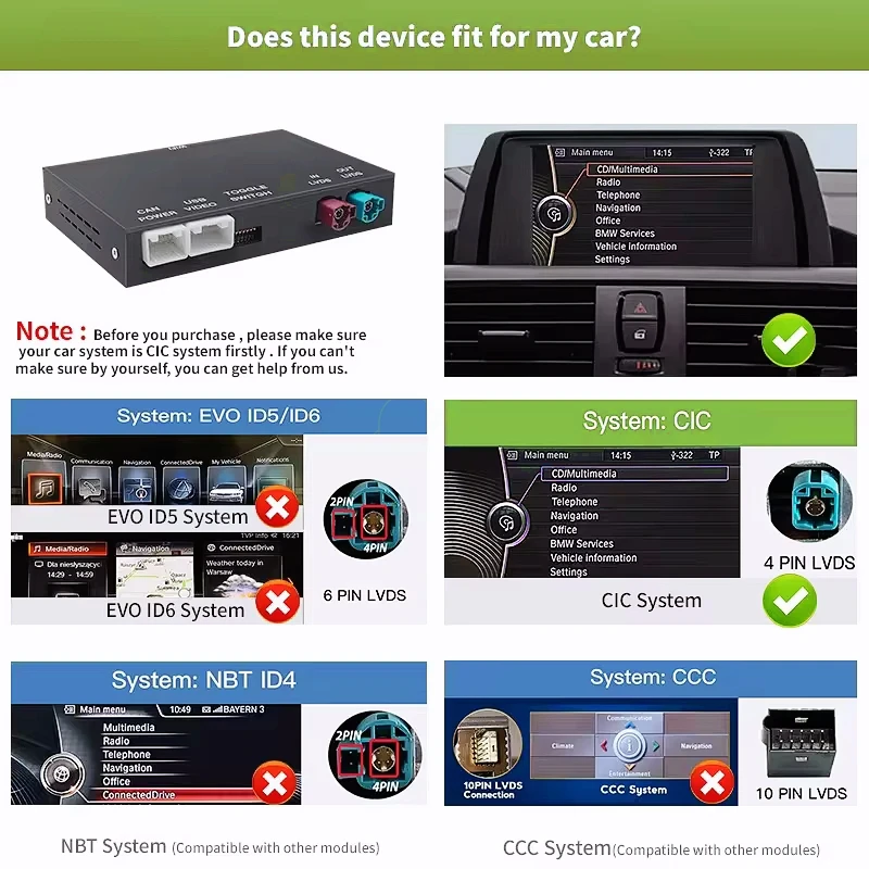 Adaptador inalámbrico CarPlay Android Auto para el sistema BMW NBT CIC, para múltiples series y modelos específicos del sistema CIC.