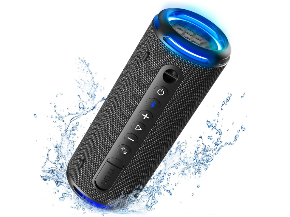 Altavoz Bluetooth, espectáculo de luces arcoíris, tiempo de reproducción las 24 horas, resistencia al agua IPX7, Bluetooth 5.3 (negro) CHRONUS