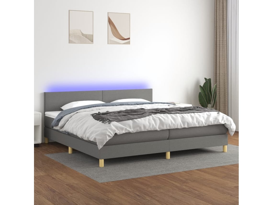 Cama Box Spring Con Colchón Y Led Tela Gris Oscuro 200x200 Cm