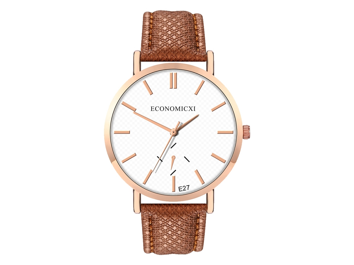Reloj De Pulsera Unisex De Cuarzo Con Cubierta De Cuero Sintético Y Esfera Redonda, Color Blanco Y Marrón.